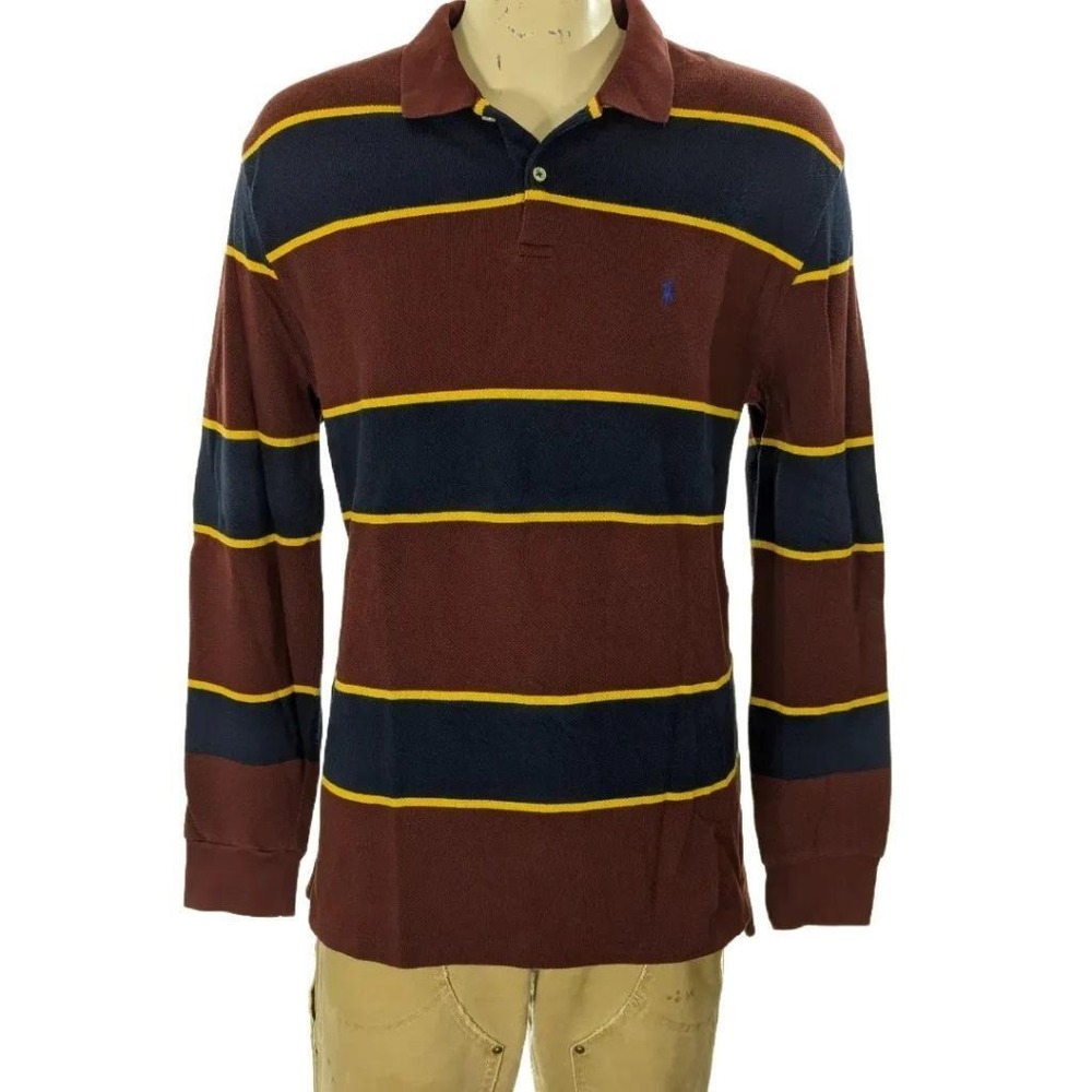 VTG Polo Ralph Lauren Burgundy Striped Cotton Pique Rugby Shirt Sz XL EUC